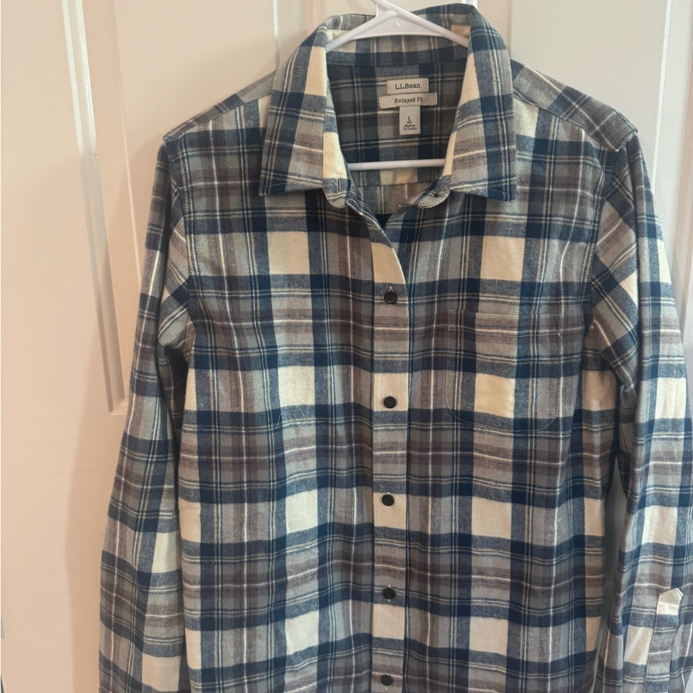L.L. Bean Relaxed Fit Checkered Shirt in Blue and Cream